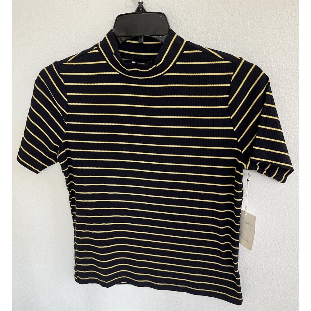 Free Assembly Girls Ribbed Mock Neck Top Sz L 12-14 Navy Blue Yellow Striped NWT